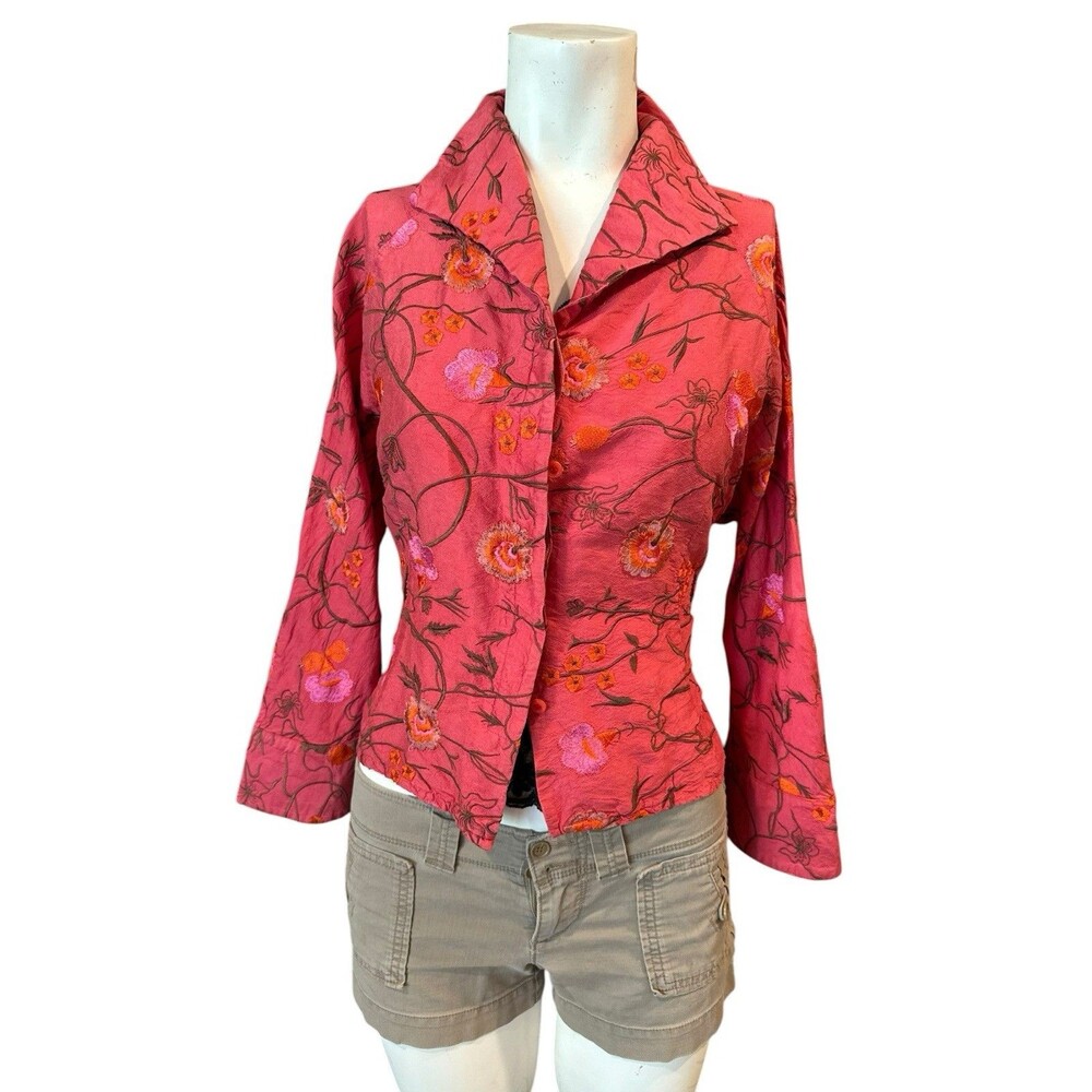 CARLISLE‎ 100% RED SILK FLORAL EMBROIDERED JACKET/TOP/BLAZER. SZ. 12 bussines